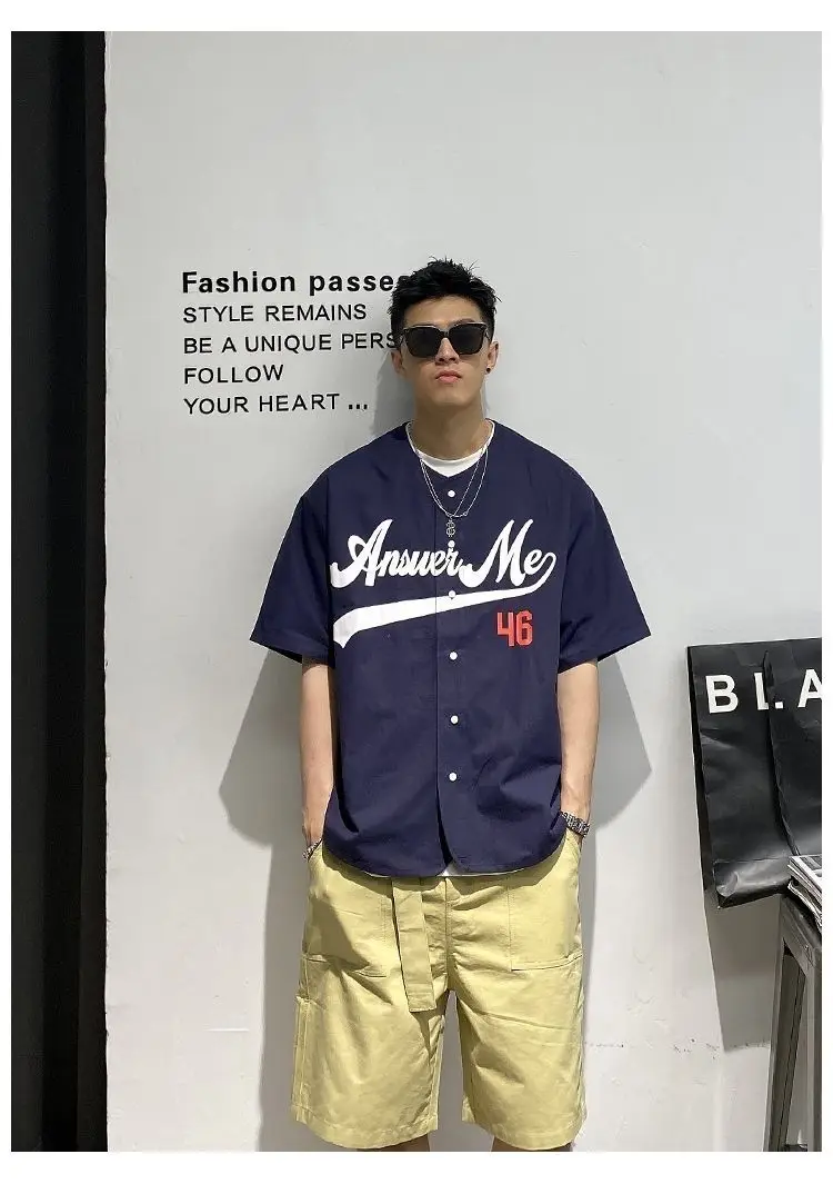 American ins baseball uniform shirt men short-sleeved T-shirt summer loose collarless shirt retro cardigan jacket temperament