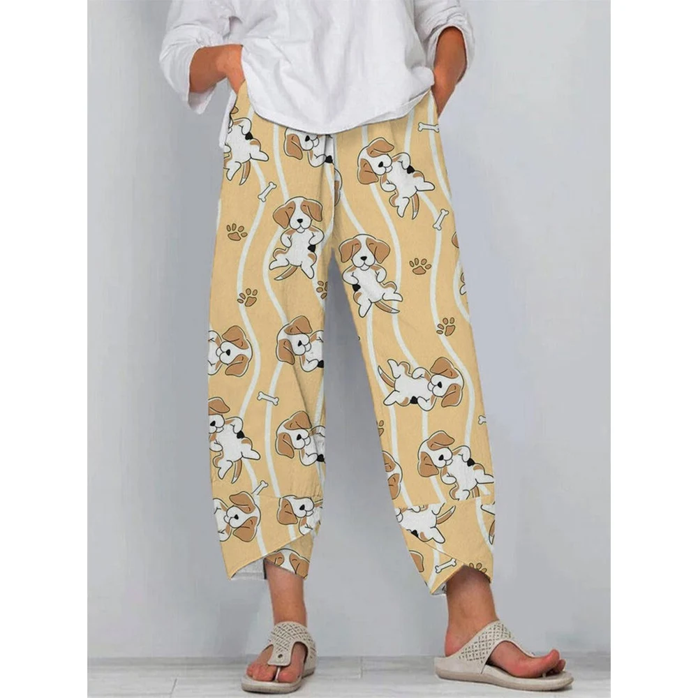 

CLOOCL Women Pants Loose Casual Wide Leg Pants Two-pocket Pants Lady Slacks Cute Puppy Print High Quaility Soft Streetwear