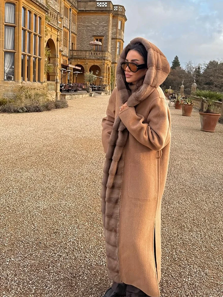 2025 New Fashion Winter Fur Collar Cashmere Wool Jackets Women Belted Over The Knee Long Fur Woolen Blends Coats
