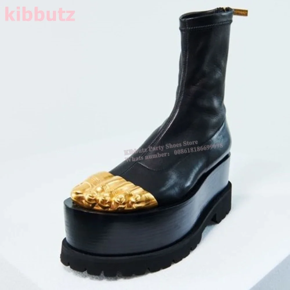 Golden Brass Ankle Boots Five Finger Platform Thin Heel Genuine Leather Back Zipper Fashion Novelty Luxury Sexy Women Shoes New