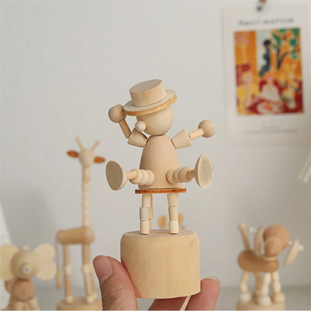 Cartoon Wooden Movable Puppet Dancing Ornaments Desktop Figurine Home Decoration Clown Giraffes Elephants Dog Statue Kid Gifts