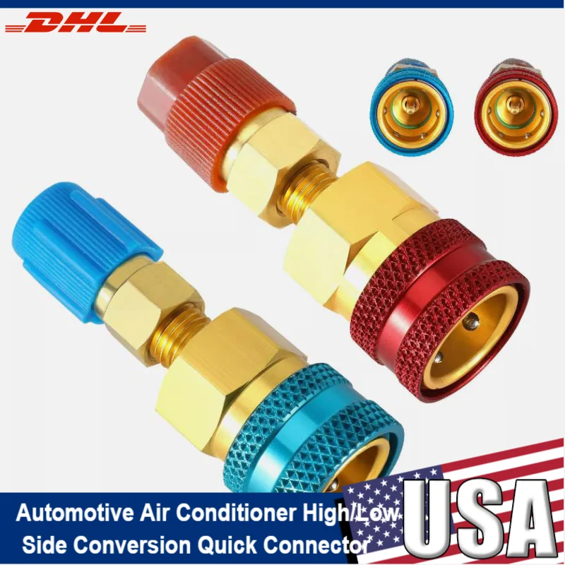 Kit de adaptador R1234YF a R134A, 2 uds., aire acondicionado automotriz, conversión lateral alta/baja, adaptador de conector rápido, acoplador de latón