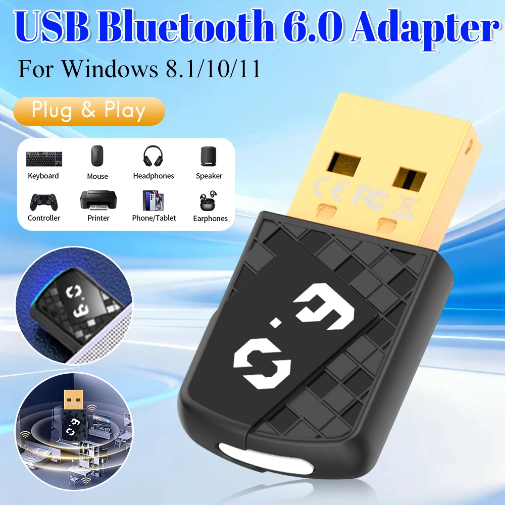 

Bluetooth-адаптер Plug & Play BT6.0, USB-адаптер для наушников и колонок, беспроводные аудиоадаптеры для Windows 8.1/10/11, клавиатуры и мыши