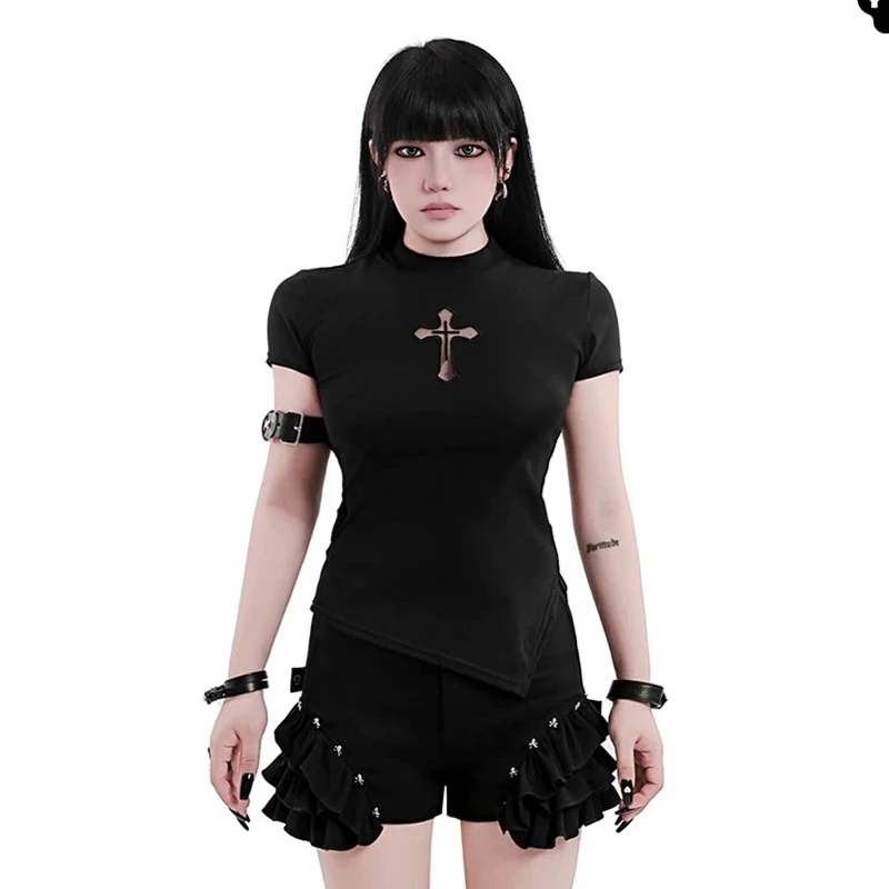 

2026 New Gothpunk Style T-shirt Women Dark Sweet Cool Street Asymmetrical Hem Decoration Slim Short-sleeved Casual Versatile Top