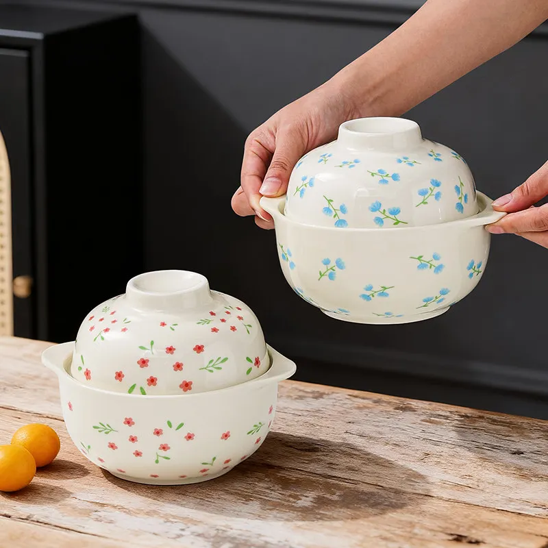 Floral Print Ceramic Instant Noodles Bowl 2026 New Household Japanese Style Students Dormitory Bowls Cute Binural Tableware