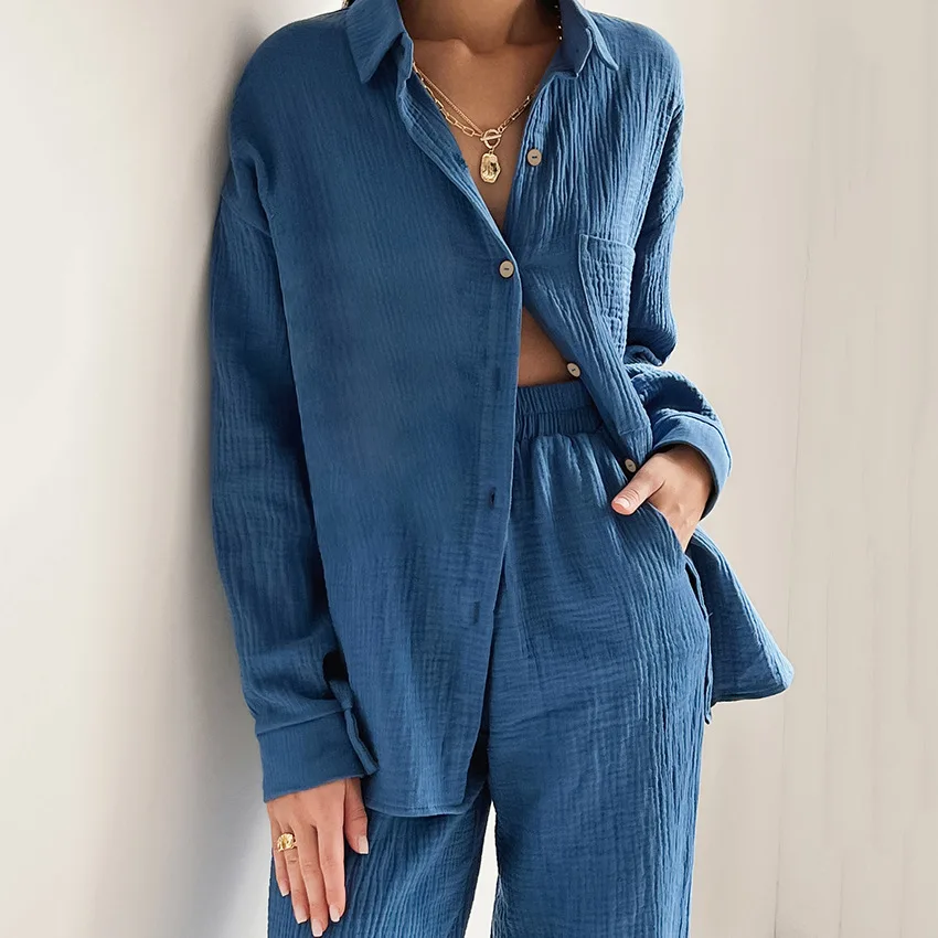 NHKDSASA Cotton Women\'s Home Clothes Loose 2 Piece Sets Long Sleeve Sleepwear Female Casual Trouser Suits 2022 Autumn Pajamas