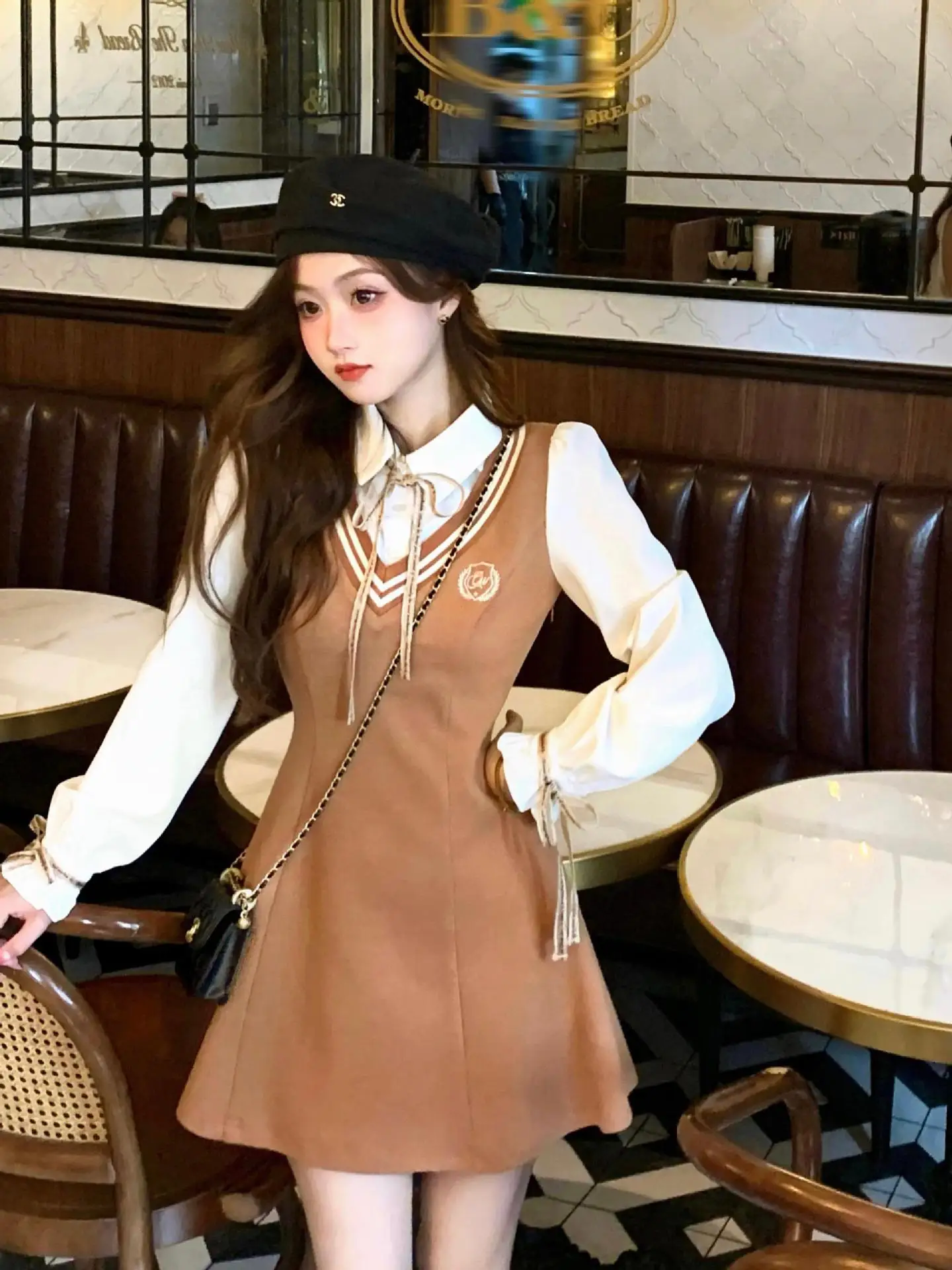 

High Quality Hot Selling Luxury College Style Fake Two-piece Dress Embroidered Fake Two-piece Shirt Contrasting Color Dress Y2k