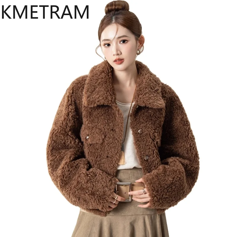 KMETRAME 100% Naturalna Wełna Jednolity Kolor Luksusowy Płaszcz z Futra w Stylu Casual na Sezon Jesień-Zima 2025 Nowości w Stylu płaszcze