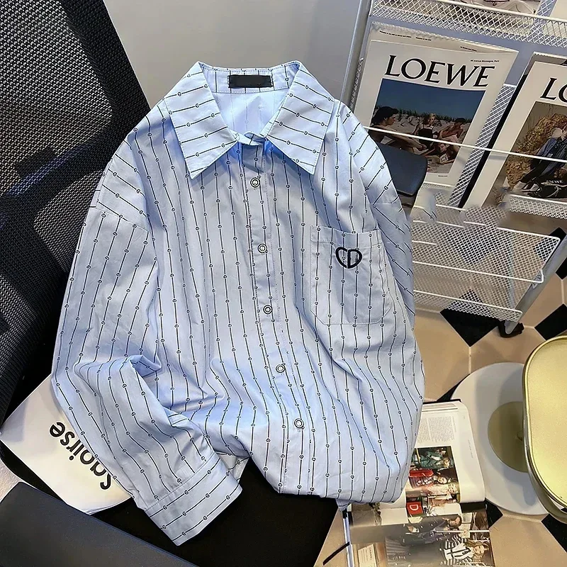 

Korean Striped Women Polo Collar Long Sleeved Loose Fitting Shirt Thin Casual Color Contrast Simple Fashionable Women's Shirt