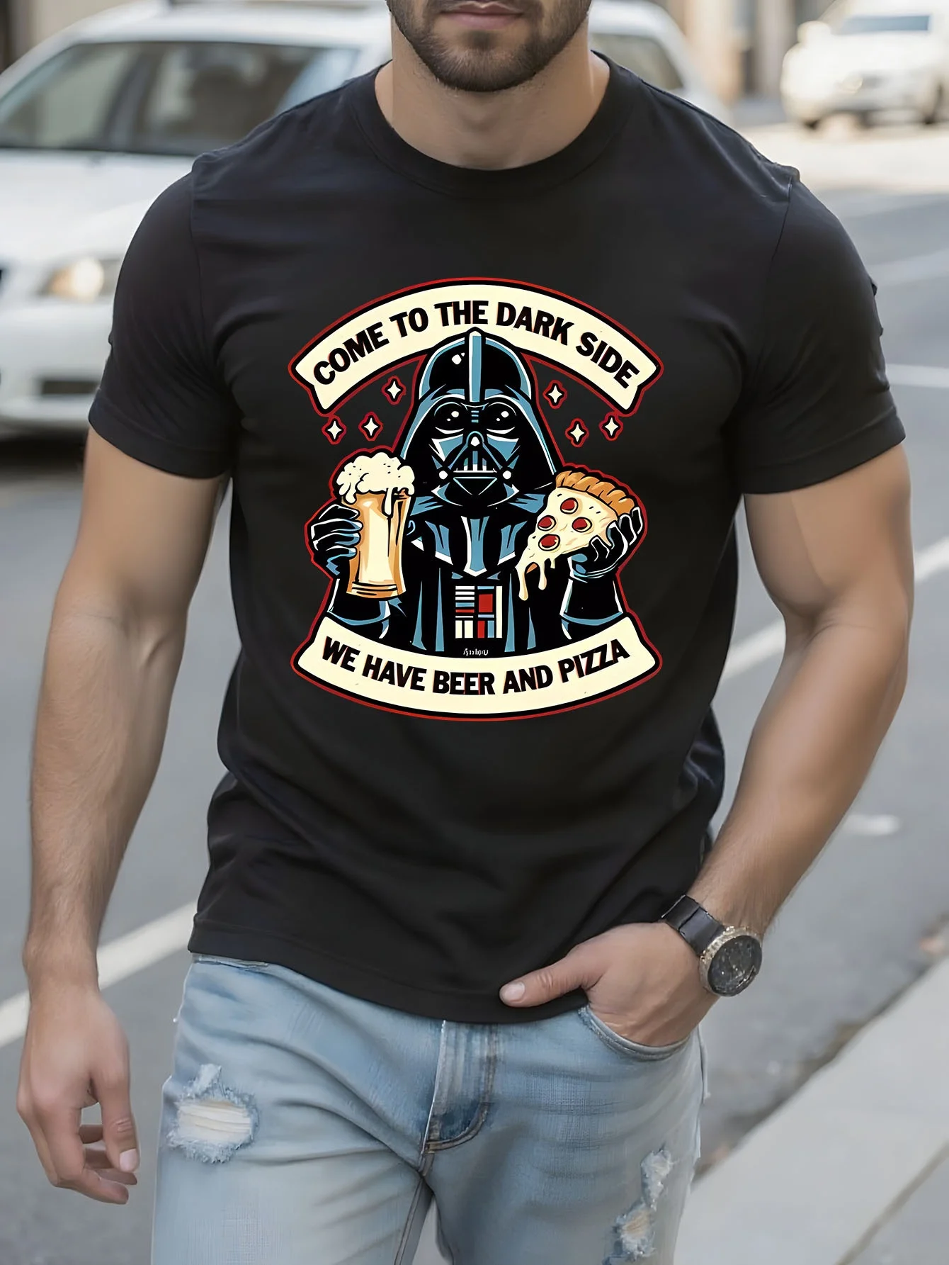 

Come To The Dark Side We Have Beer and Pizza Повседневная футболка с принтом Забавные свободные оригинальные мужские рубашки Новинка футболка с коротким рукавом