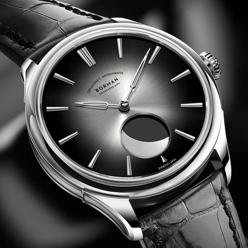 

BORMAN 41.5mm 5ATM Waterproof Mechanical Watches Moon Phase Luxury Designer Men Dress Automatic Wristwatch