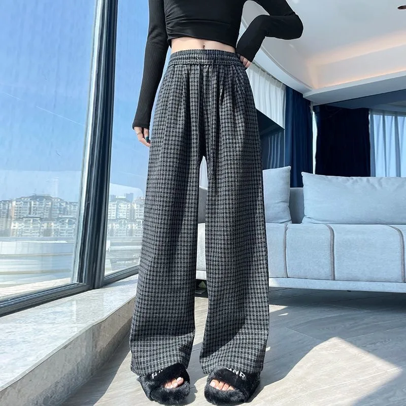 Retro Woolen Plaid Wide Leg Casual Pants Autumn Classic Thicker High Waist Straight Floor-Length Pants Baggy Streetwear Trousers