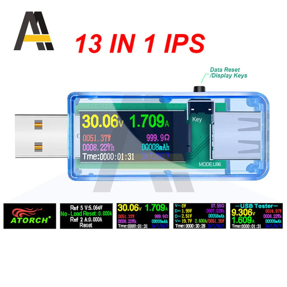 U96 13 في 1 USB تستر مؤشر الجهد الحالي مقياس التيار الكهربائي مقياس الطاقة تهمة تيار مستمر رقمي متعدد الفولتميتر Wattmeter