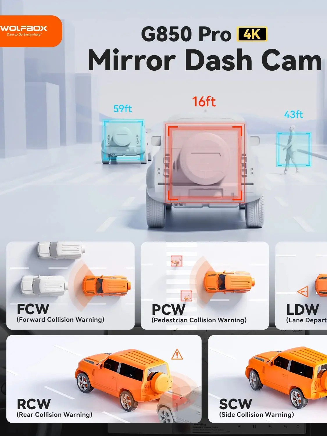 WOLFBOX G850 PRO 4K WIFI Spiegel Dash Cam met ADAS en BSD 5.8GHz WiFi Spraakbesturing Auto DVR Achteruitkijkspiegel 12inch - afbeelding 2