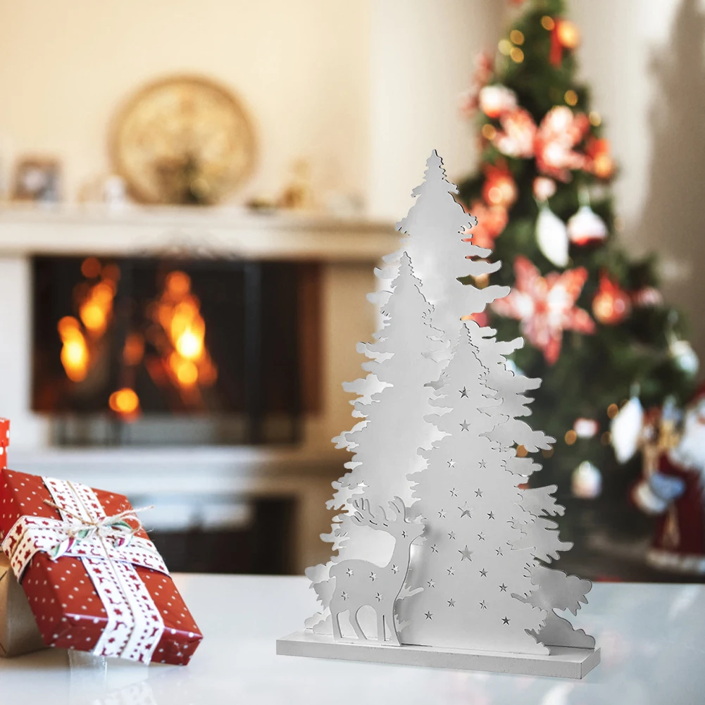 Decoração de árvore e rena pré-iluminada de madeira, luz decorativa, enfeites de árvore de natal, decoração de mesa iluminada para decoração de casa de férias