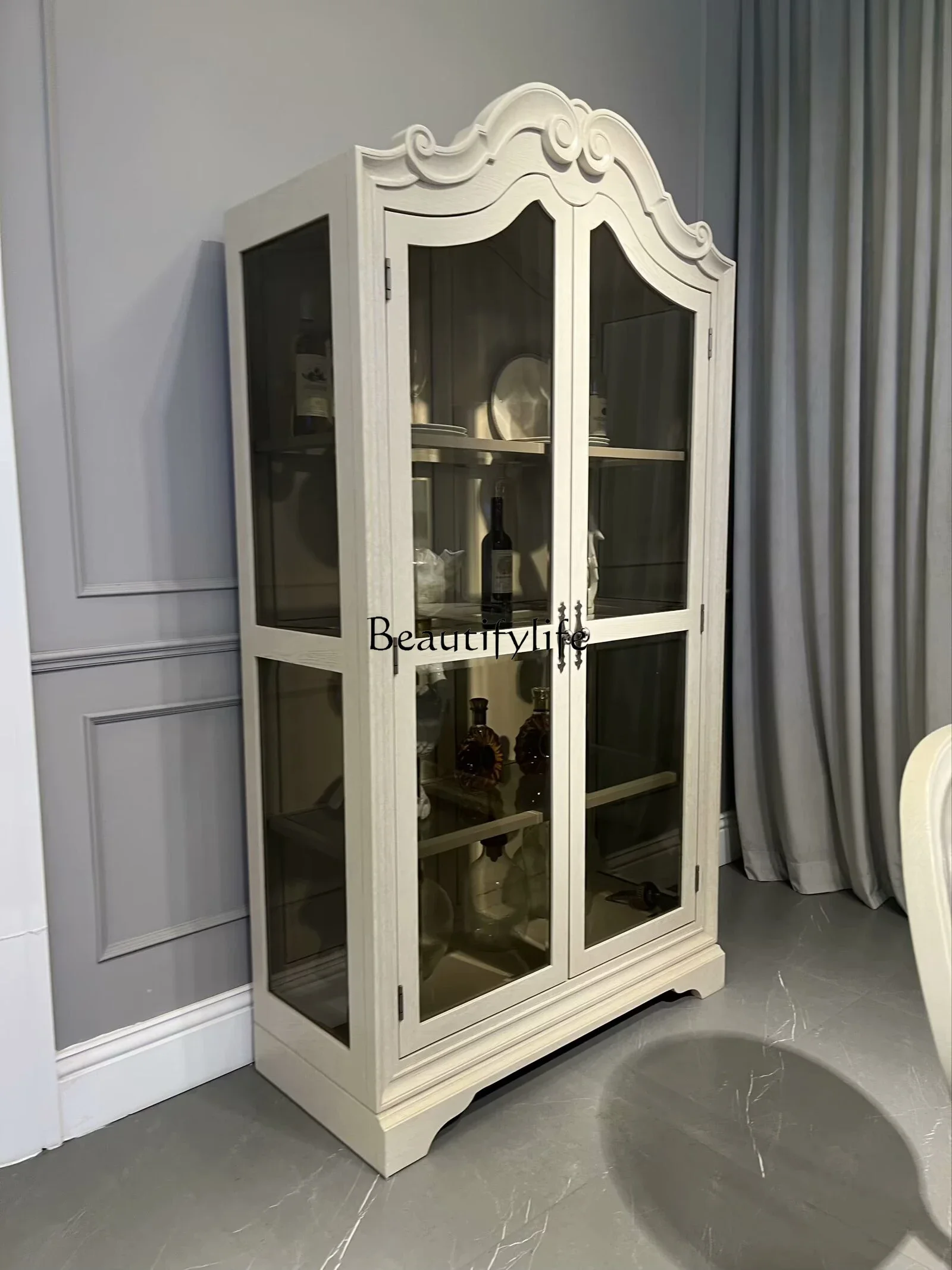 

13-*American solid wood living room corner glass storage side cabinet arched antique showcase