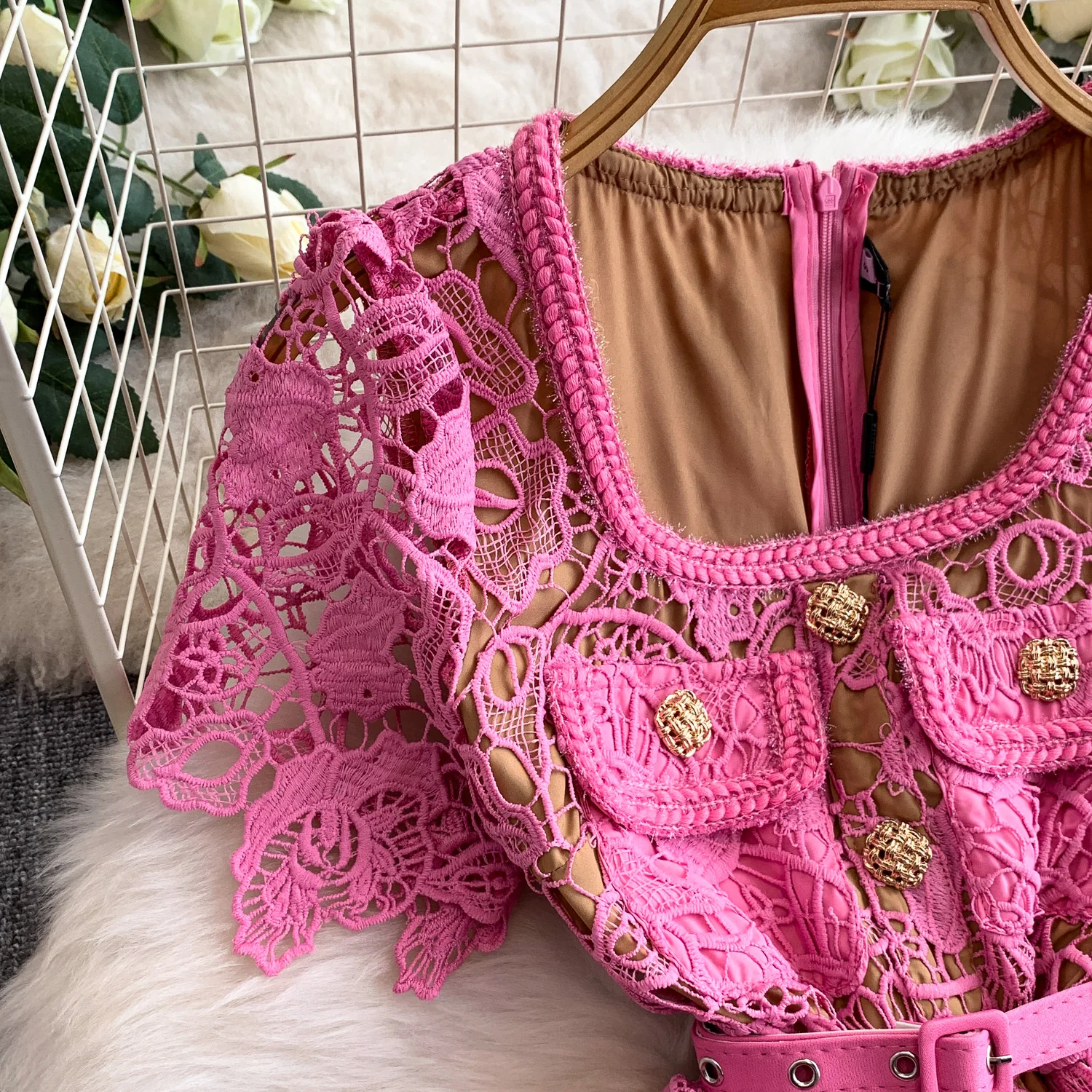 Chic vintage hollow out lace short sleeve dress Elegant Fairy korean fashion sundress women clothing