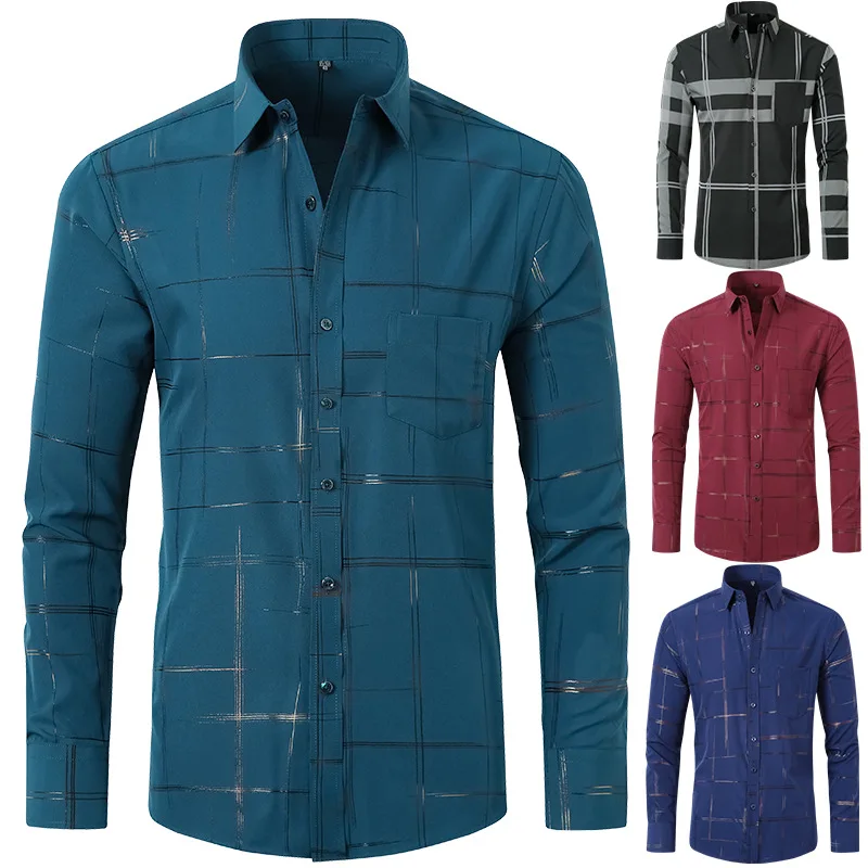 Stretchy Shirts Men Long Sleeve Slim Fit Wrinkle Free Print Business Casual Dress Shirts for Men  Camisa Jawaianas Hombre TS-935