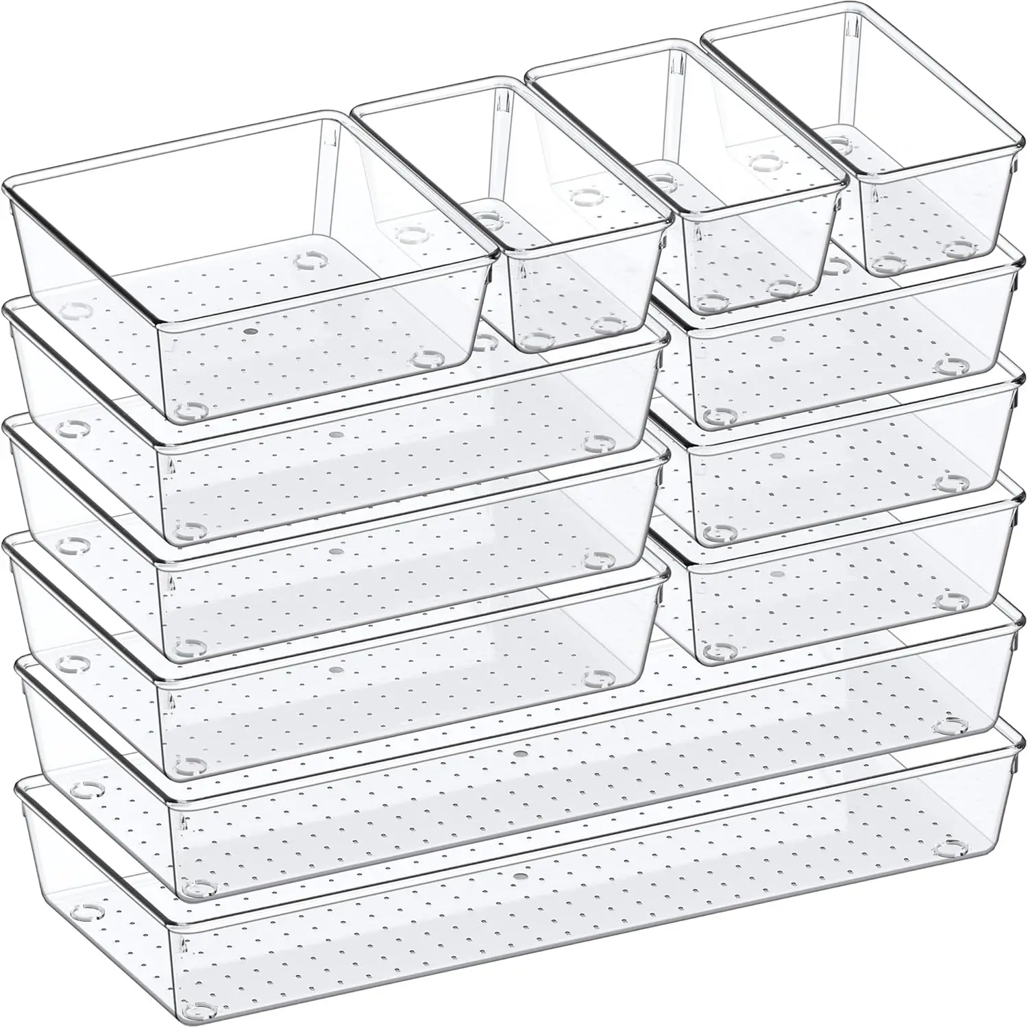 

12 Pack Clear Plastic Drawer Organizers Set, 4-Size Versatile Storage Trays for Kitchen, Bathroom, Office