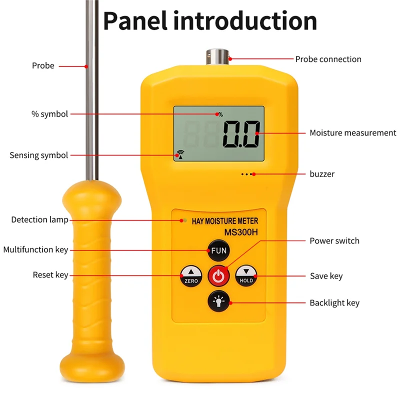 

AT44-MS300H Portable Hay Moisture Meter With Probe For Hay Bale,Cereal Straw,Forage Grass,Leymus Chinensis Humidity Tester