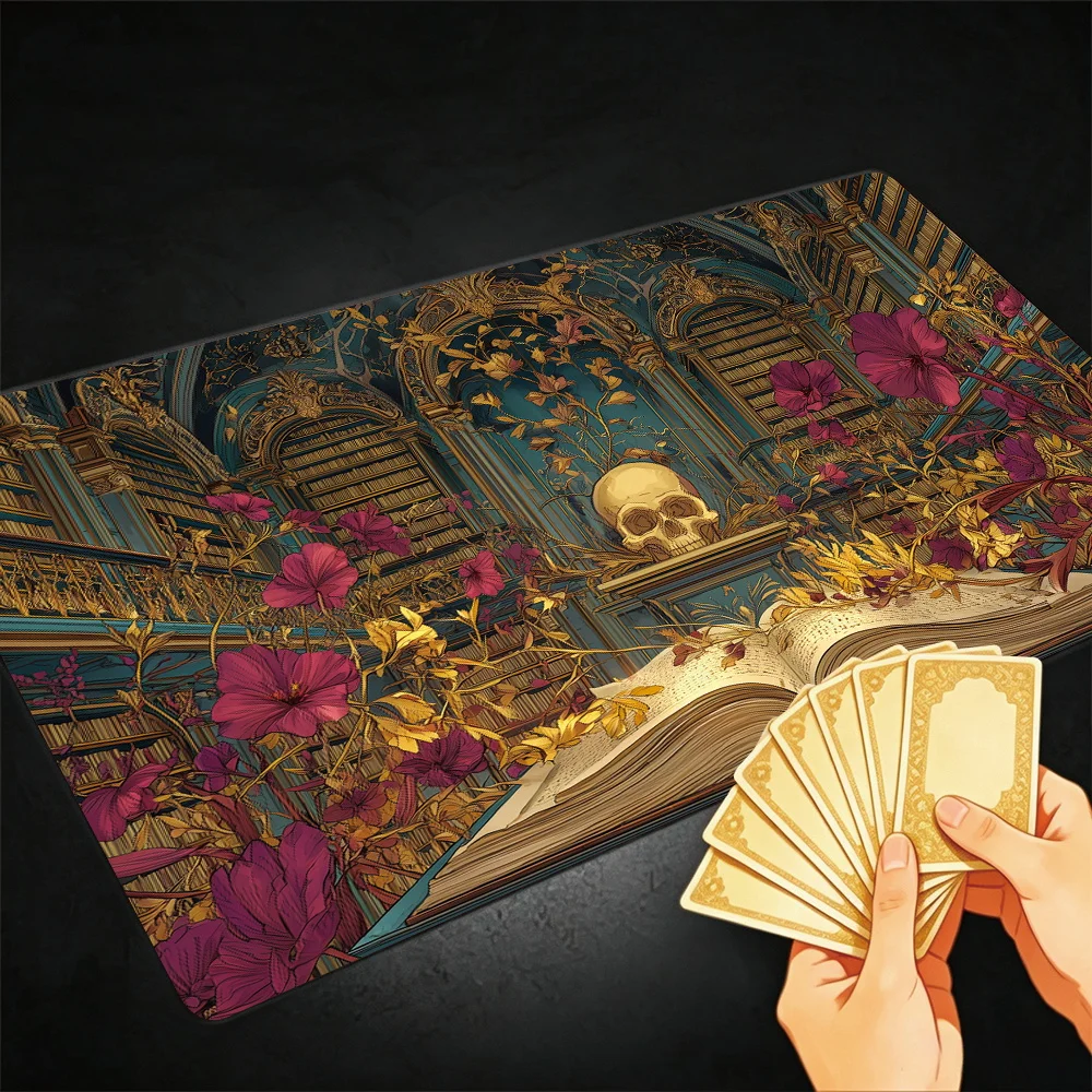 Golden skull and magic book TCG Playmat Magic Playmat Gathering Gaming Mat with Stitched Edge Anti-slip base Trading Card Game