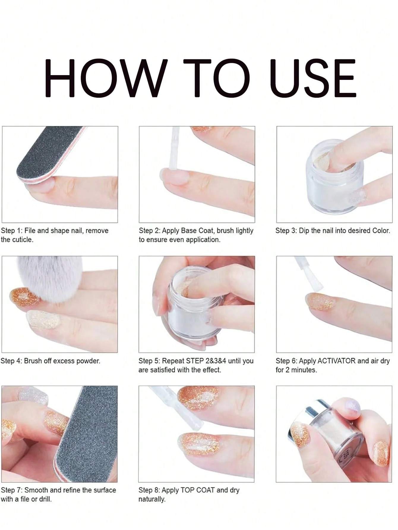 Ensemble de poudre de gel 1/3 pièces 20ml, y compris couche de base, couche de finition, activateur, matériaux essentiels en étapes 1-3, ensemble de manucure