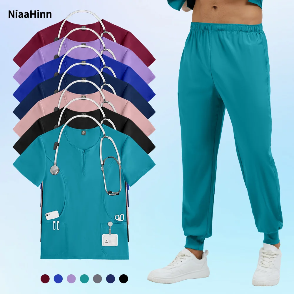 Niaahinn Surgical Workwear Men Medical Nurse Uniform Dentistry Scrub Tops Pants Clinic Carer Clothes Nursing Uniform Jogger Suit