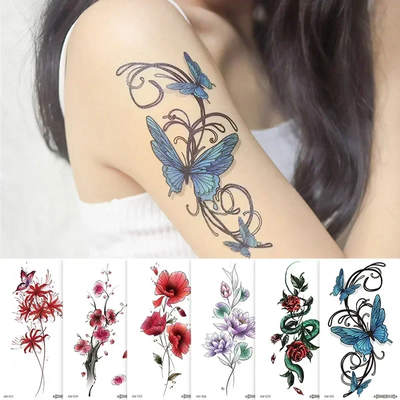 Hotwife Fake Long-time Timchapel Tattoo Temporary Waterproof Stickers Sexy Girls Red Flower Body Art Ephemeral Tattoos for Women