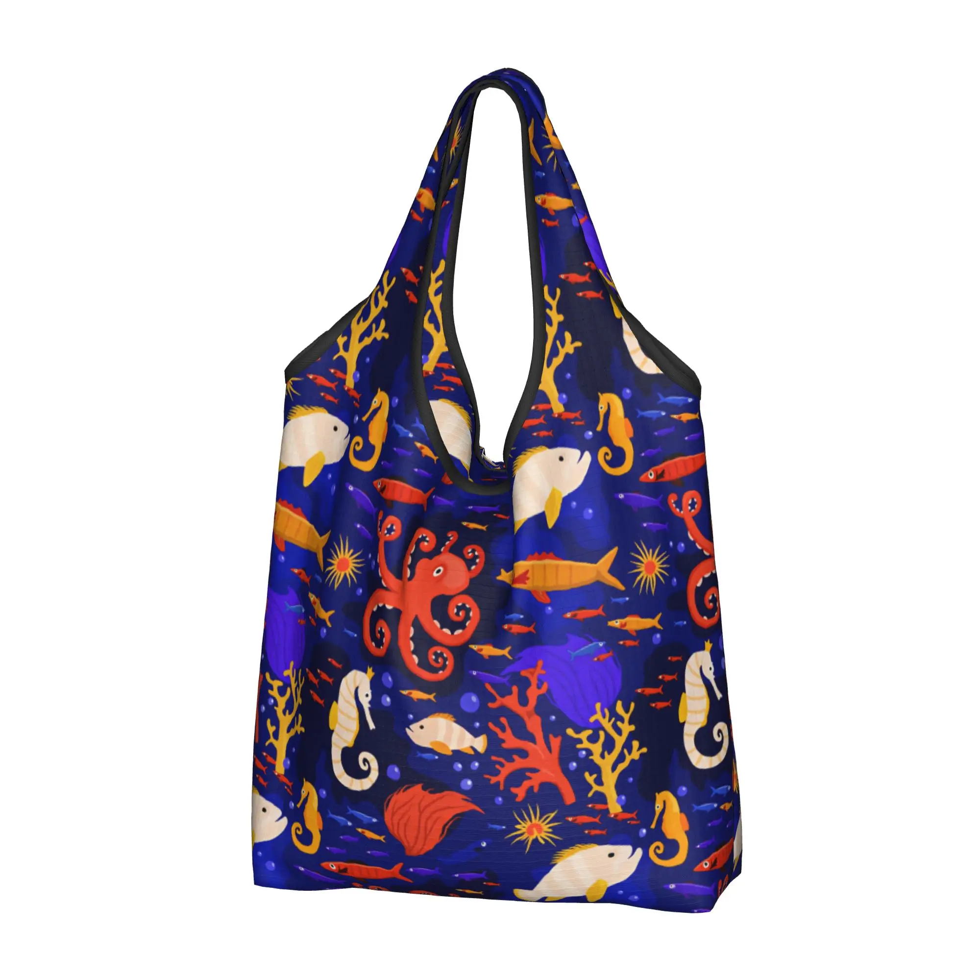 Marine Life Octopus Seahorse Groceries Shopping Bag Kawaii Shopper Tote Shoulder Bag Big Capacity Portable Tropical Fish Handbag