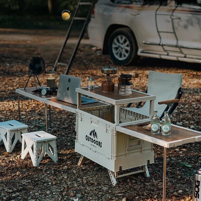 Portable Camping Storage Bin Folding Double-Cover Trunk Organizer Picnic Table Outdoor Utility Box for Car Travel Gear
