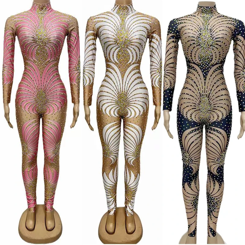 

3 Colors Sparkly Rhinestones Jumpsuit Women'S Party Stretch Leotards Nightclub Dj Ds Stage Festival Outfit Rave Costume XRK