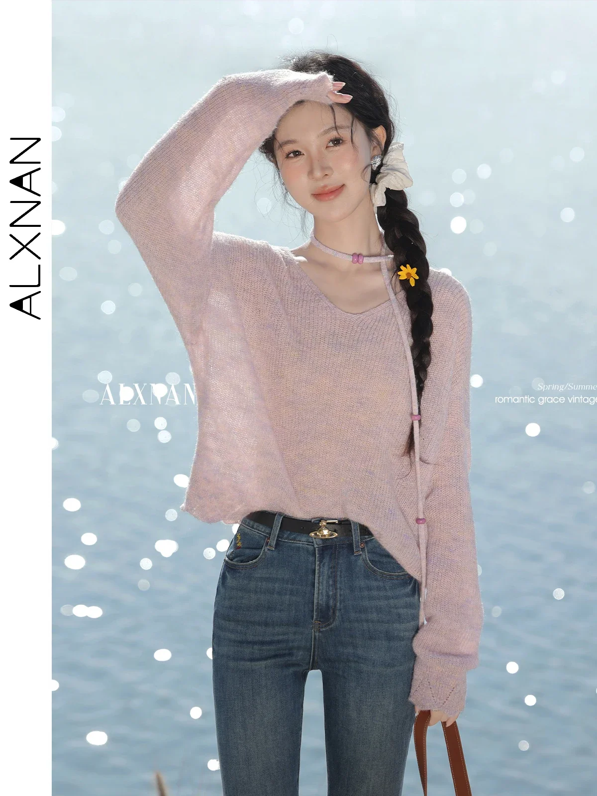 

ALXNAN Pink Purple Pullovers for Women 2025 Autumn Long Sleeve Knitwear with Belt V-neck Casual Loose-fit Sweaters Ladies L52939