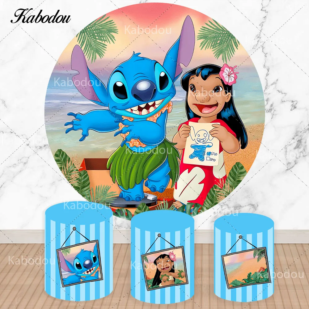 Lilo & Stitch Round Backdrop Disney Photography Cartoon Kids Birthday Party Circle Photo Background Booth Cylinder Covers