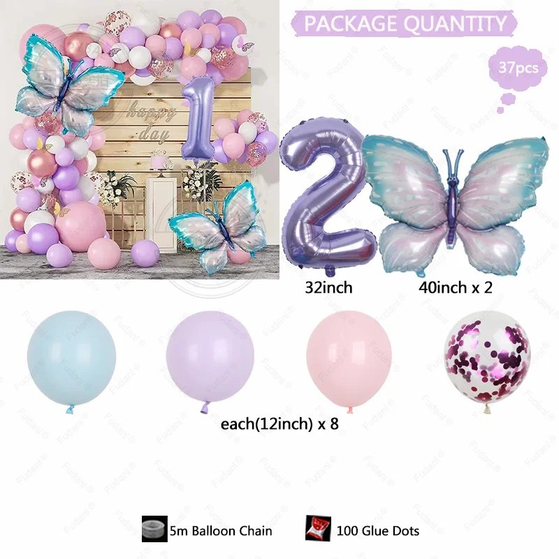 37Pcs Butterfly Macaroon Blue Pink Theme Garland Kits Number 1-9th Latex Balloons Baby Shower Birthday Party Decors Supplies