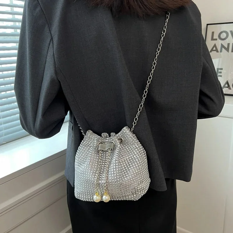 Women's Crossbody Bag with Embellished Cord Strass, Multifunctional Bucket Bag Formal Daily Use image 6
