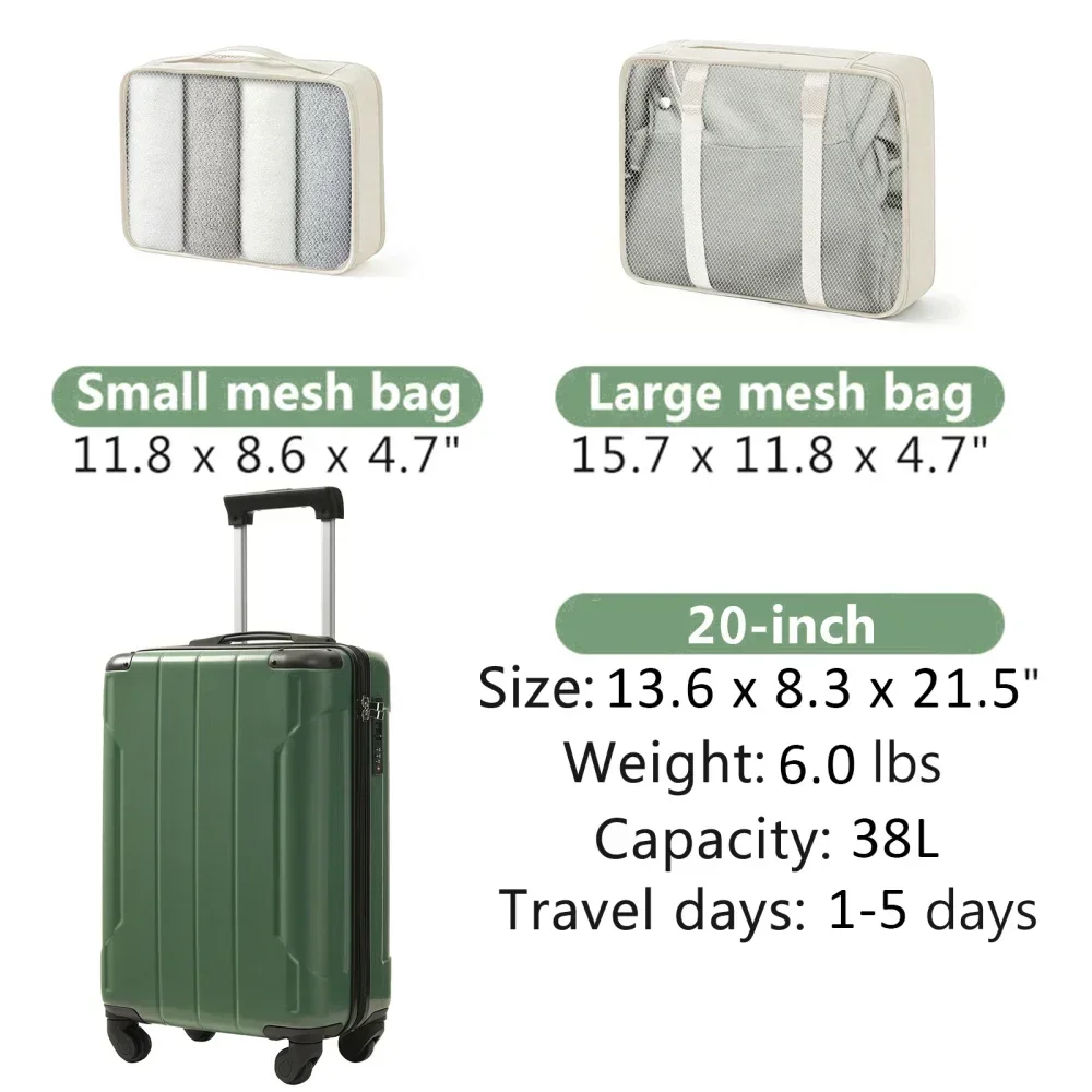 20-Inch Hardshell Carry-On Luggage, Lightweight Durable ABS Suitcase with Spinner Wheels, Built-in TSA Lock, 2 Packing Cubes