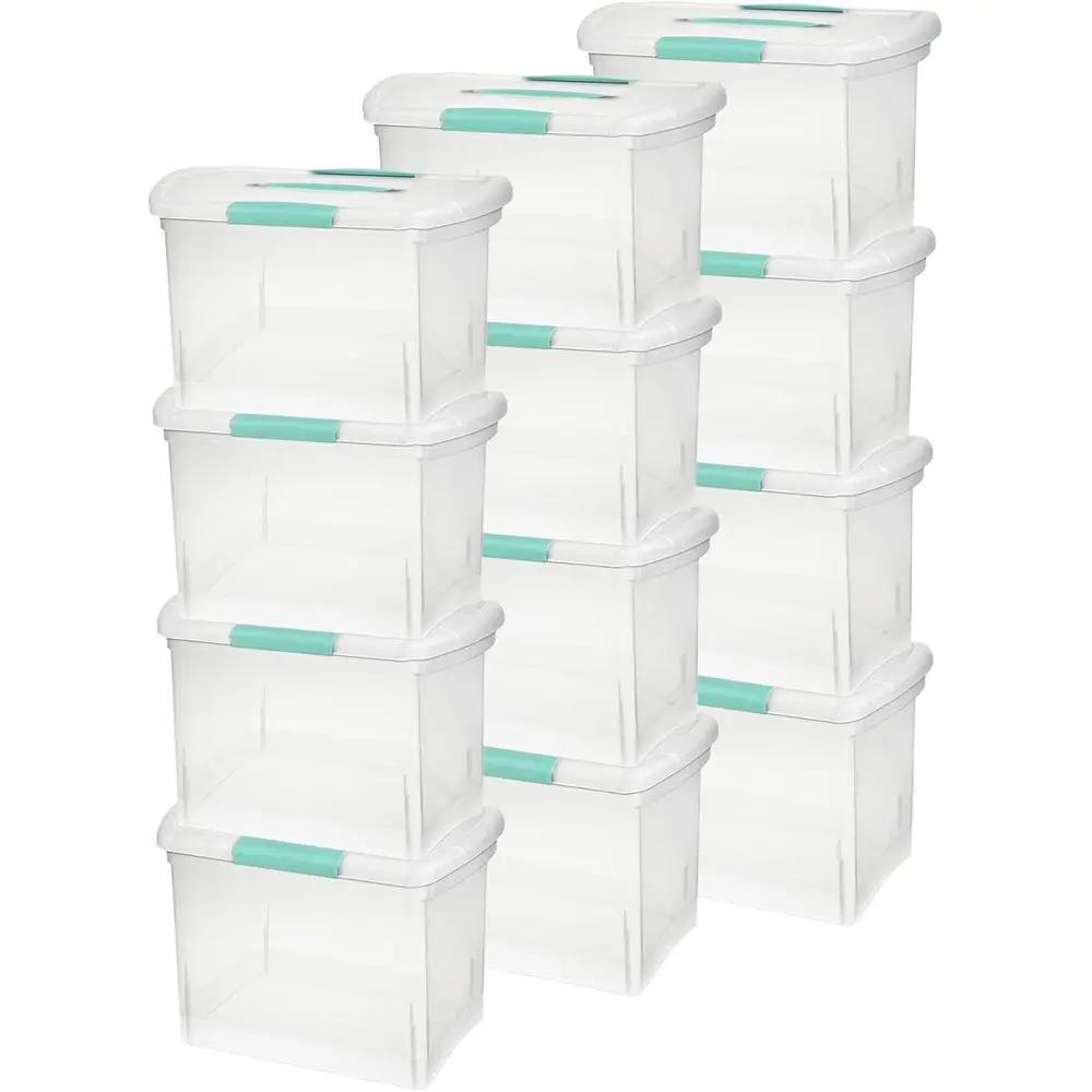 

Nesting ShowOffs Stackable Storage Bin, Latching Organizer Tote with Handle, Plastic Box for File Organization, Clear, 12-Pack