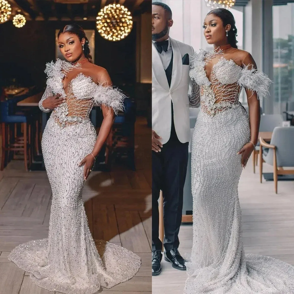 

Customized Sexy Off The Shoulder Sparkly Full Pearls Beads Wedding Dresses Sweep Train Mermaid See Through Bridal Gowns