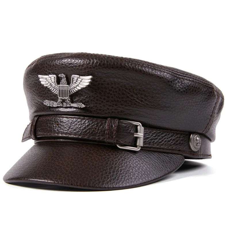 X7009 Adult Leather Military Hat Men's Cowhide Flat-top Hat German Army Hat Captain Hat Etro Military Caps Leather Military Caps