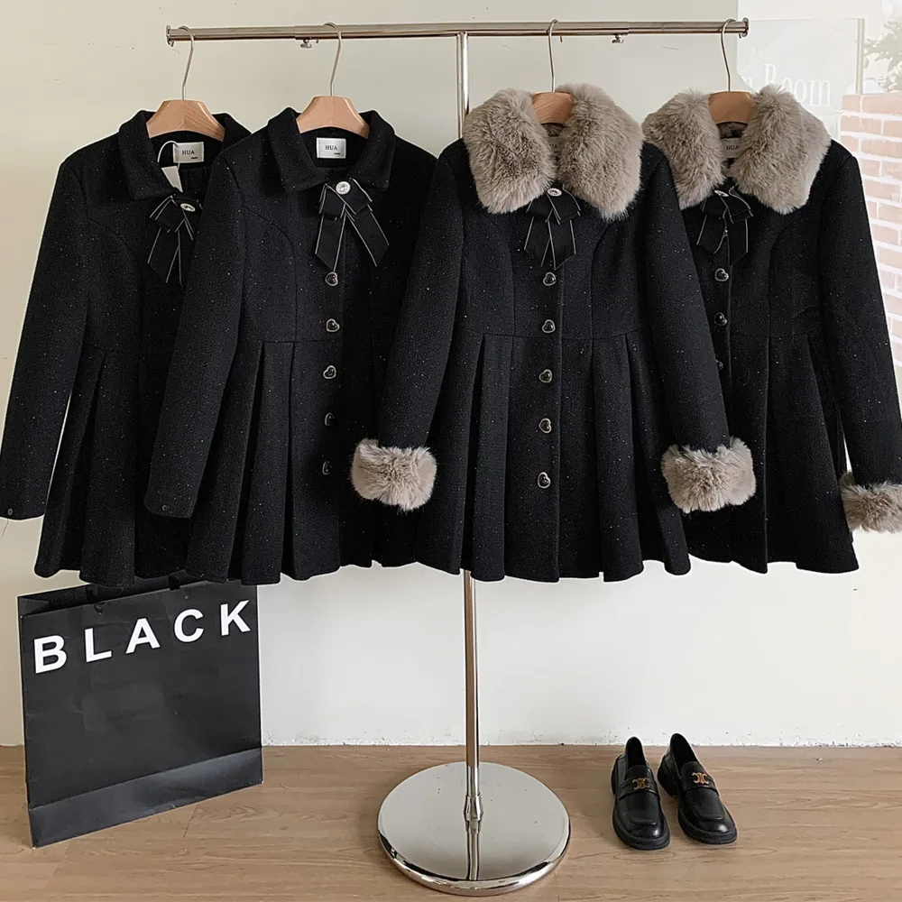 High Quality Women Elegant Woolen Coat Warm Winter Sweet Faux Fur Collar Woolen Dress Female Vintage A-line Party Style Dresses