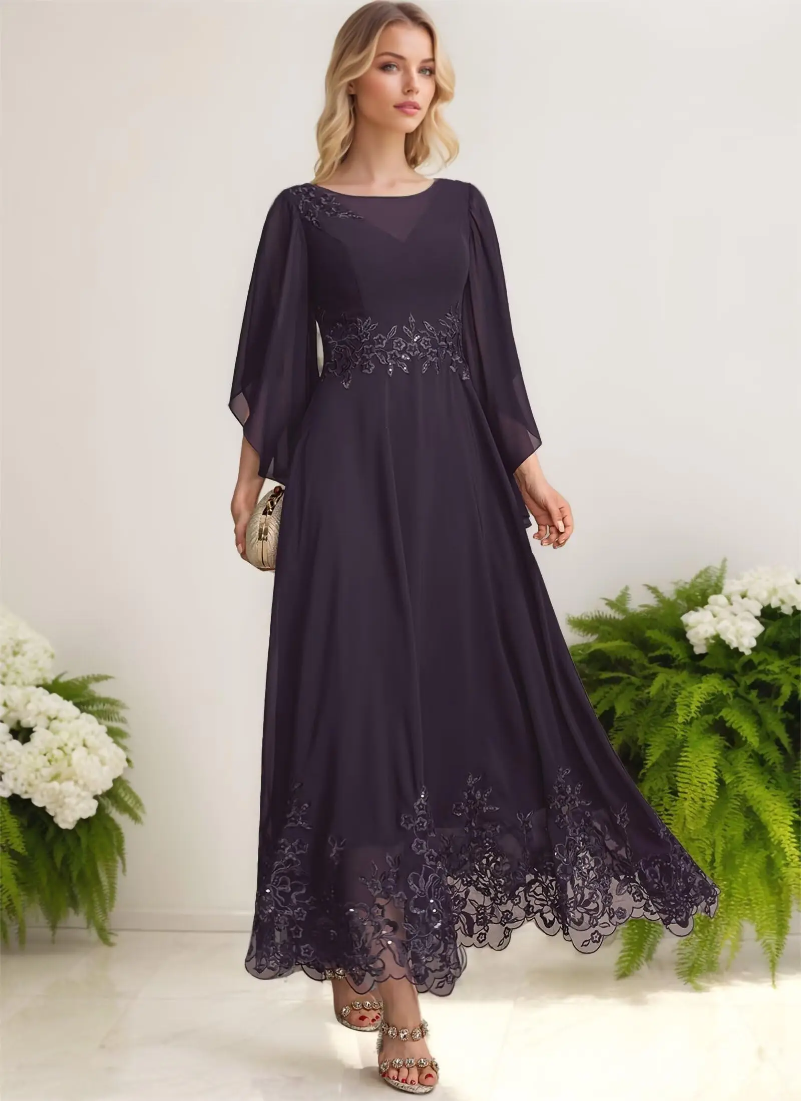 

Chiffon Mother of The Bride Dresss for Women Lace Appliques Mother of The Groom Dresses Short Sleeves Maxi Formal Evening Gown
