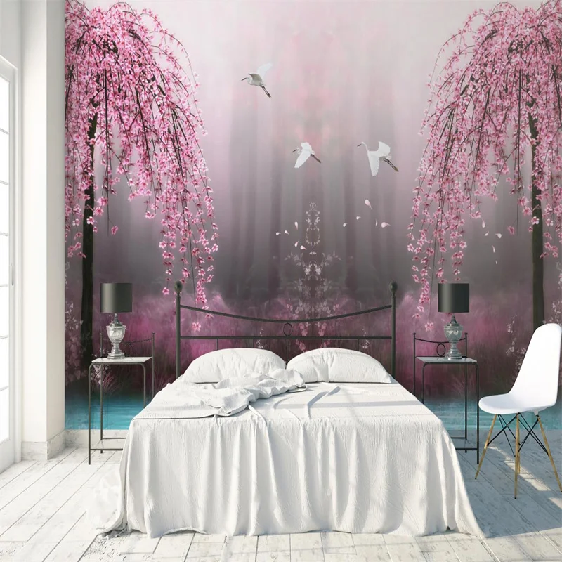 

Fantasy Pink Cherry Blossom Swan Lake Scenery Photo Mural Living Room Bedroom TV Background Wallpaper 3D Wall Papers Home Decor