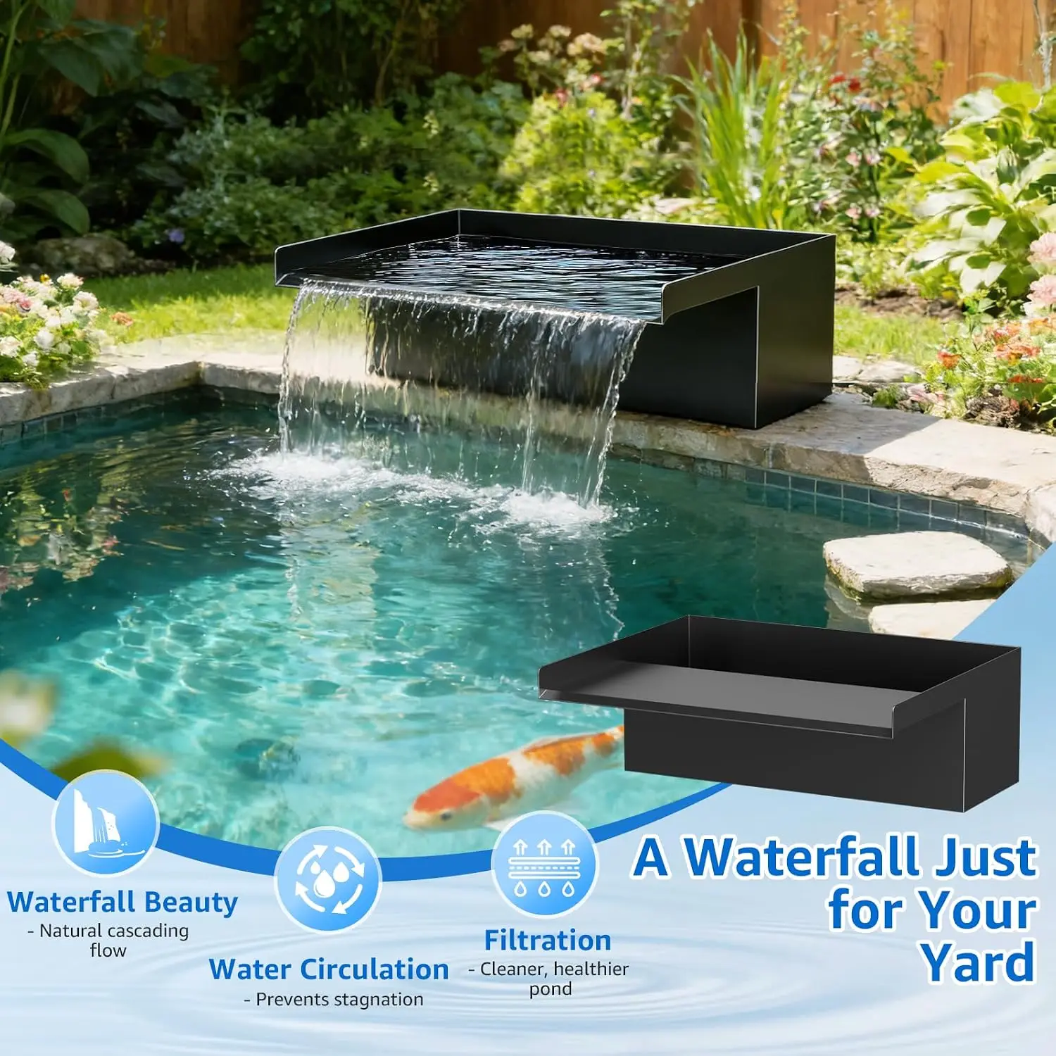 8IN POND WATERFALL KIT 660GPH ULTRA QUIET PUMP 304 STAINLESS STEEL SPILLWAY 98FT FREEZE PROOF TUBING 164FT CORD WATER FEATURE SE