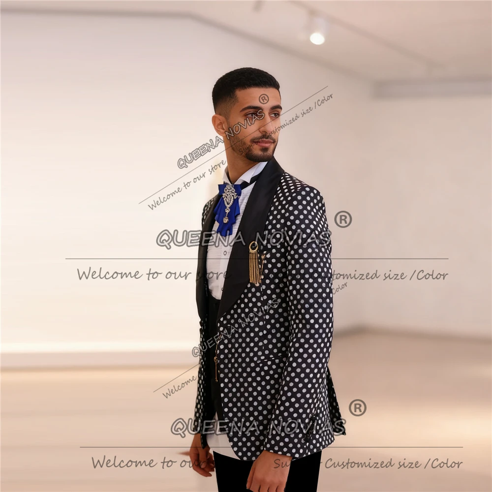 Retro Bräutigam Hochzeit Smoking 3-teiliges Set Polka Dot Anzug Männer Slim Fit Angepasst Schal Revers Prom Blazer Männlichen Mode Ropa hombre