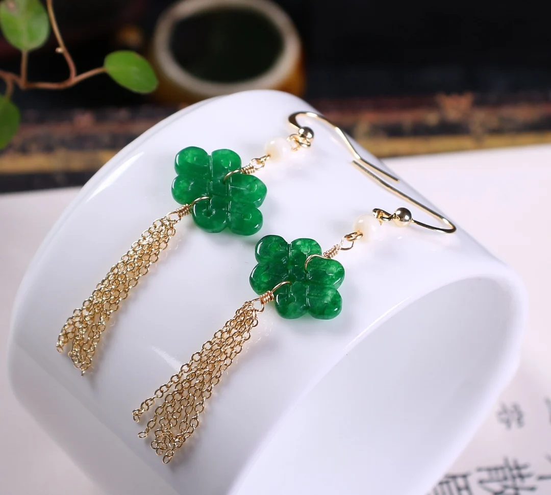 1Pcs/Lot Natural Jadeite Dry Sapphire Chinese Knot Tassel Earrings 14K Gold Hook Women's Jewelry Voor Vrouwen Kolczyki Damskie