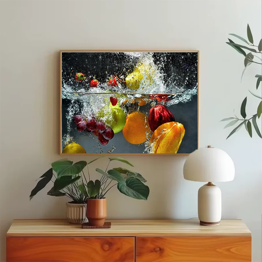 Modern Water Splash Fruits Canvas Wall Art, Colorful Grapes Apples Oranges Starfruit Painting Living Room Decor