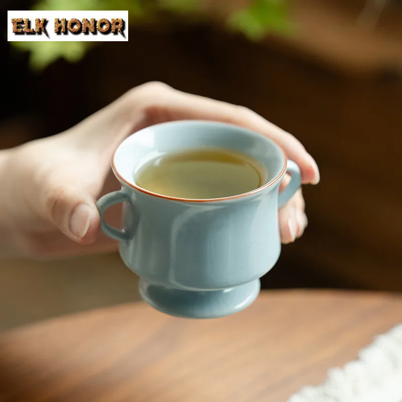 

85ml Azure Ru Kiln Double-ear High Foot Teacup Retro Tea Bowl Mug Tea-tasting Personal Cup Chazhan Master Cups Cafes Decoration