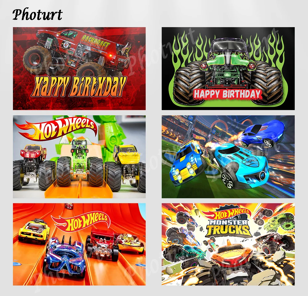 PHOTURT Hot Wheels Monster Trucks Backdrop Kids Birthday Photography Banner Game Race Car Photo Background Polyester Vinyl Props