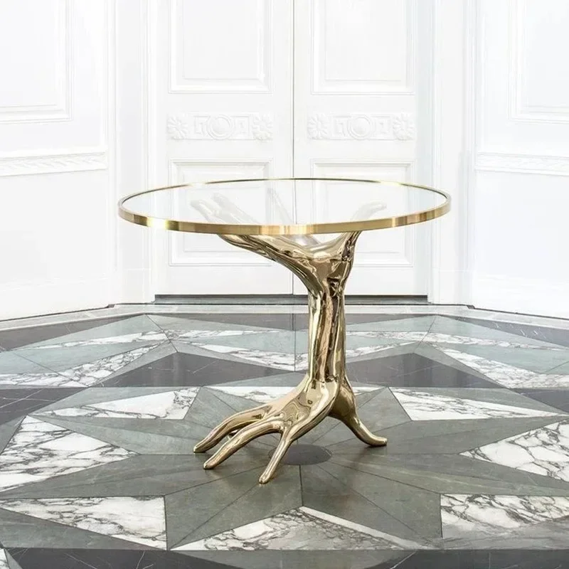 Modern Italian pure copper glass metal modern creative art sculpture brass palm tea edge ornament display table
