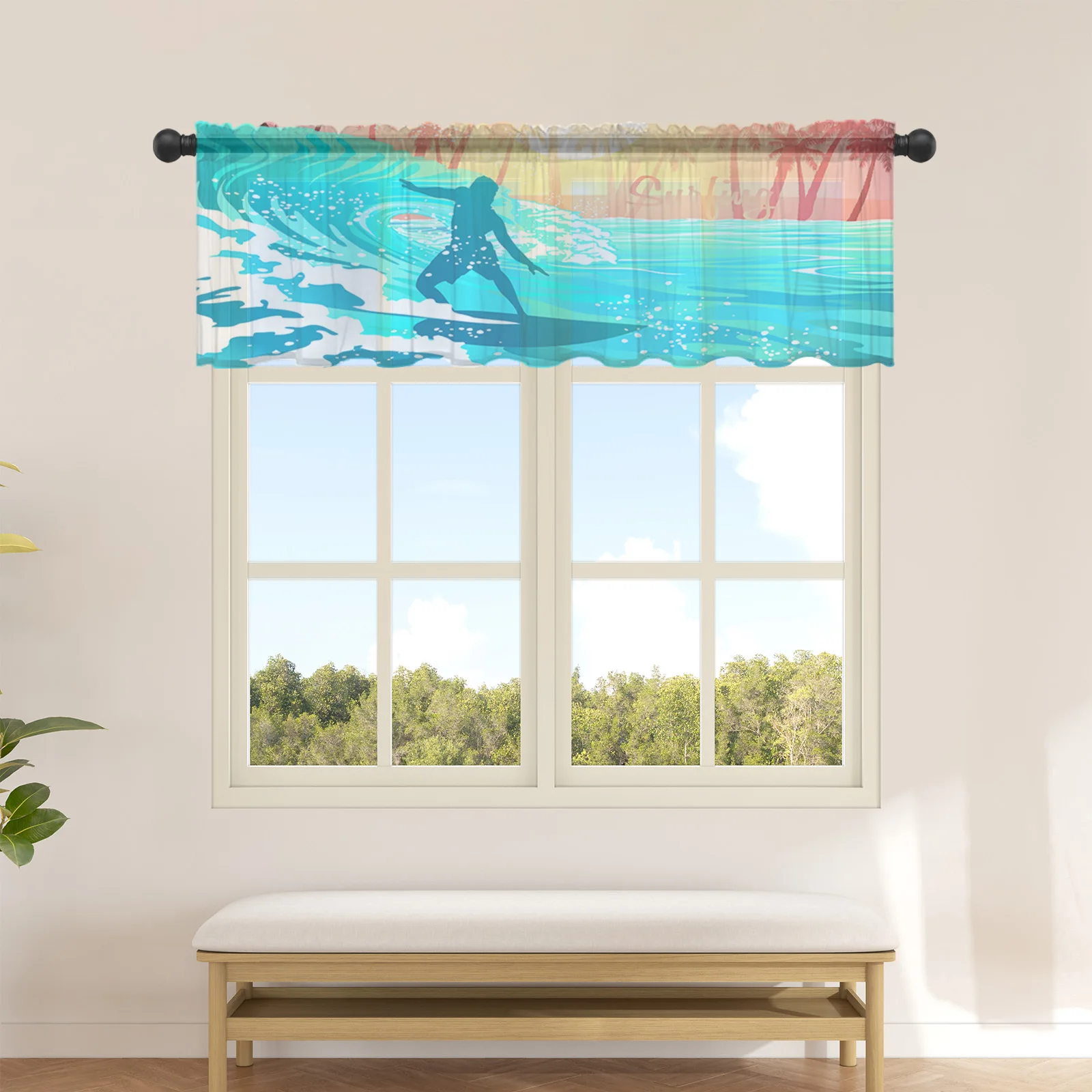 Surfing Waves Sunset Coconut Trees Kitchen Small Curtain Tulle Sheer Short Curtain Bedroom Living Room Home Decor Voile Drapes